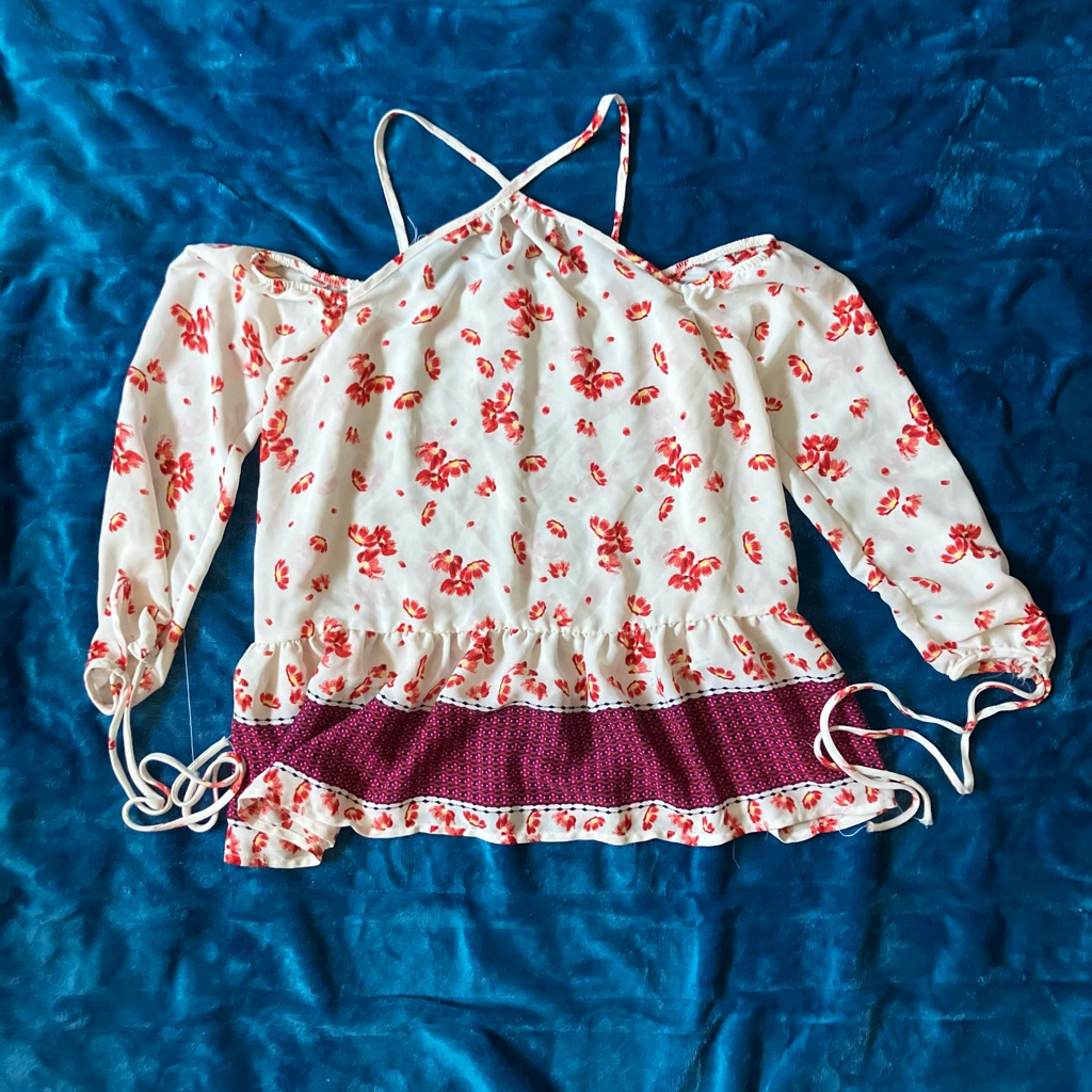 Sienna Sky Red Floral Halter Blouse With Purple Trim